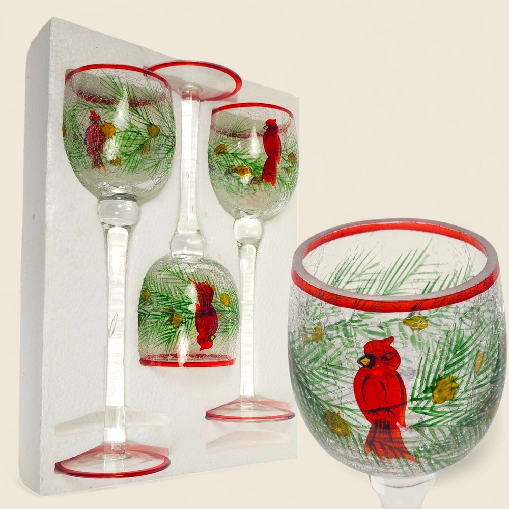 VTG Kirkland's Cardinal Tealight Holder Set Crackle Glass Hand Painted NIB